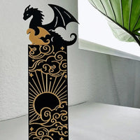 Black and Gold Dragon Bookmark with Sun and Clouds Pattern - Durable PLA Fantasy Page Holder