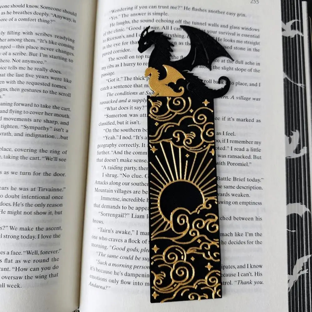 Black and Gold Dragon Bookmark with Sun and Clouds Pattern - Durable PLA Fantasy Page Holder